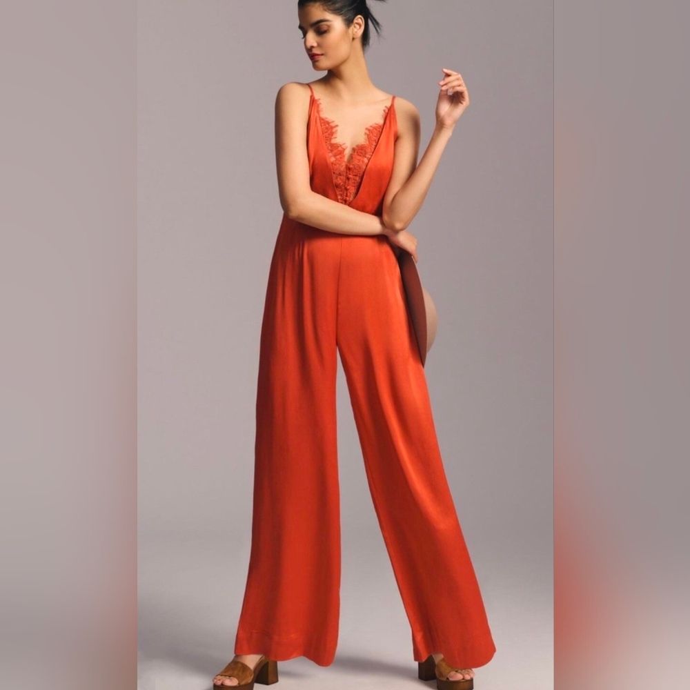 NWT Anthropologie Silkie Eyelash Lace Jumpsuit Size 00 In Orange